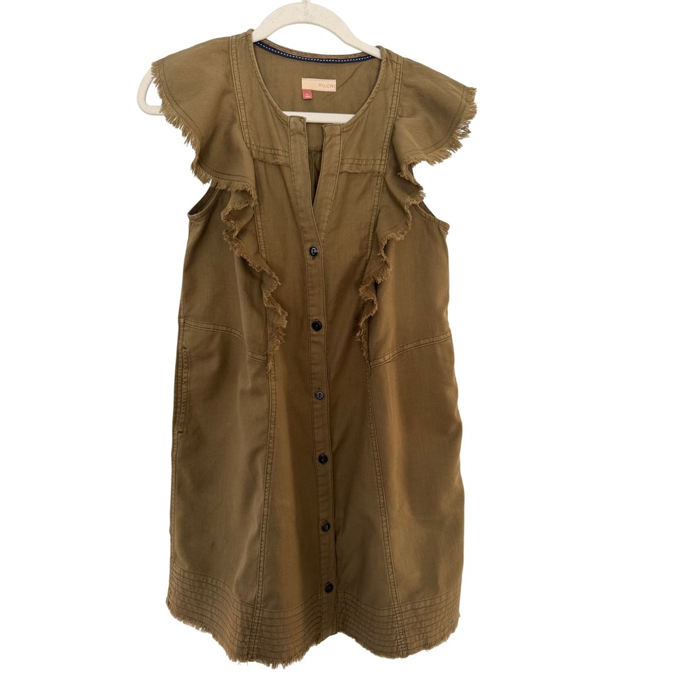 Pilcro Anthropologie Olive Green Cotton Ruffle Button Front Utility Dress XS